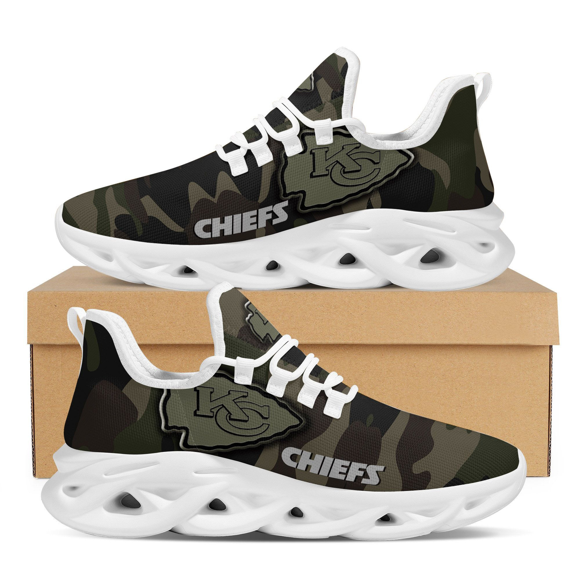 Kansas City Chiefs Camo Camouflage Design Trending Max Soul Clunky Sneaker Shoes For Mens Womensamerican Football Team Fans