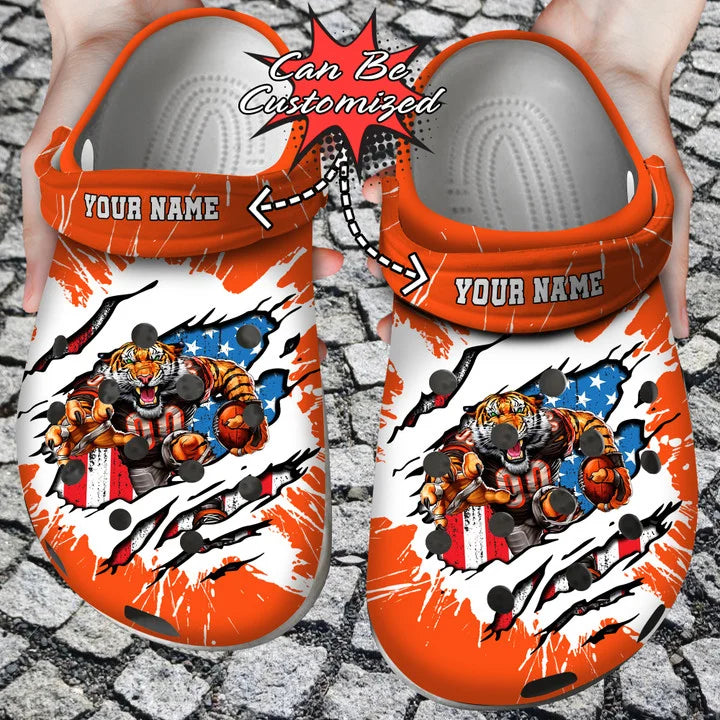 Football Crocs – Personalized Cincinnati Bengals Mascot Ripped Flag Clog Shoes