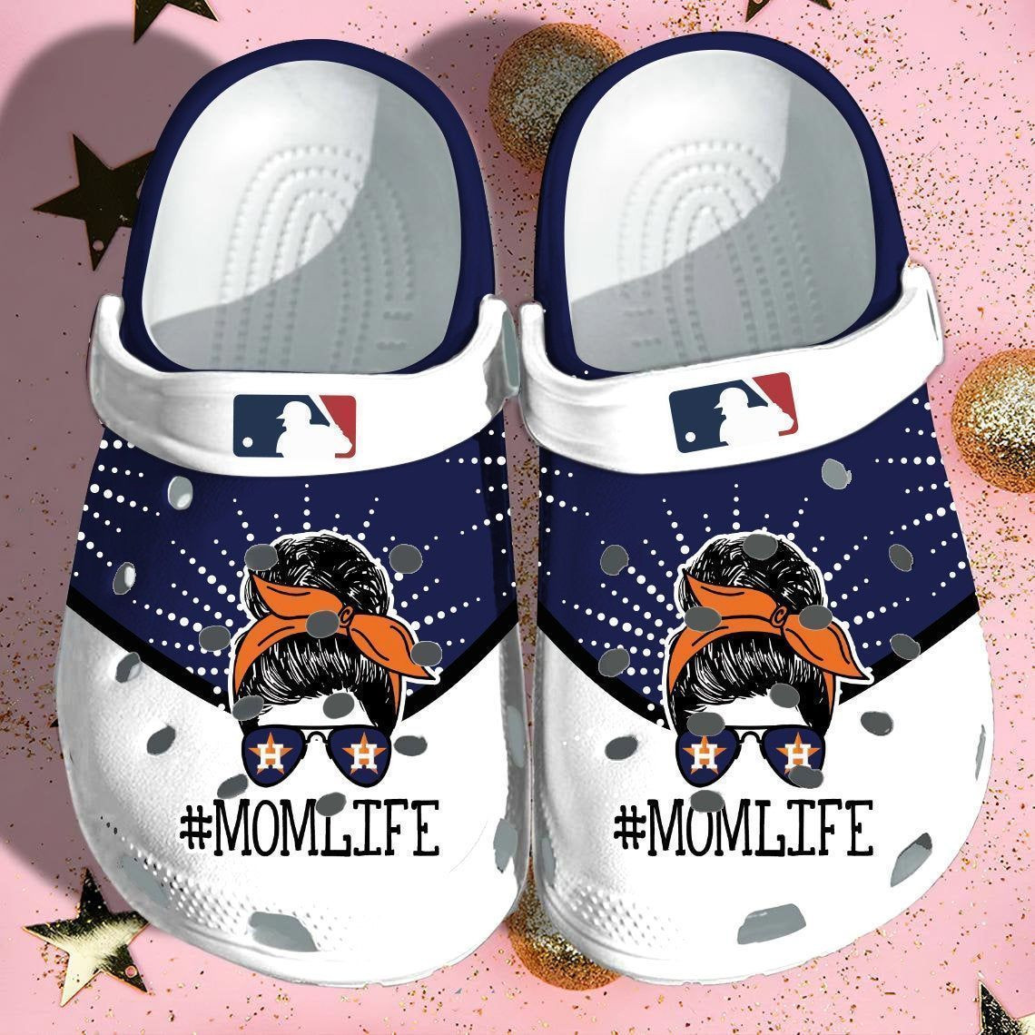 Houston Astros Mom Life Pattern Crocs Classic Clogs Shoes In Blue & White