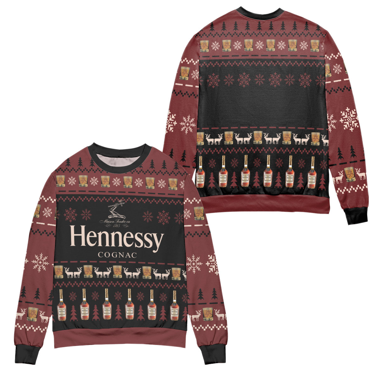 Hennessy Cognac Snowflake Pattern Ugly Christmas Sweater – All Over Print 3D Sweater – Dark Red