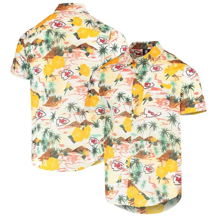 Kansas City Chiefs Cream Paradise Floral Button-Up Hawaiian Shirt