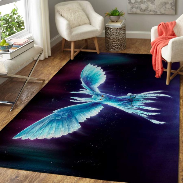 Blue Shiny Flying Owl Area Rug / Animal Print Floor Decor RCDD81F10125