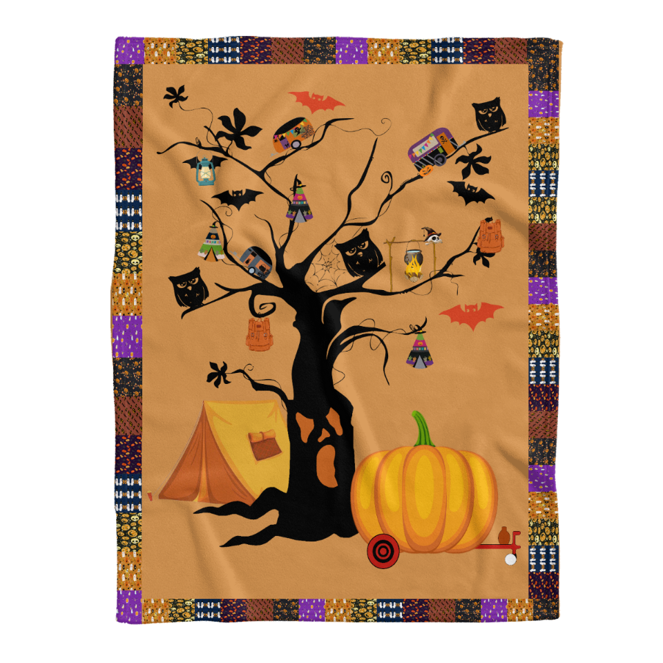 Camping Blanket, Camping Pumpkin Halloween Fleece Blanket