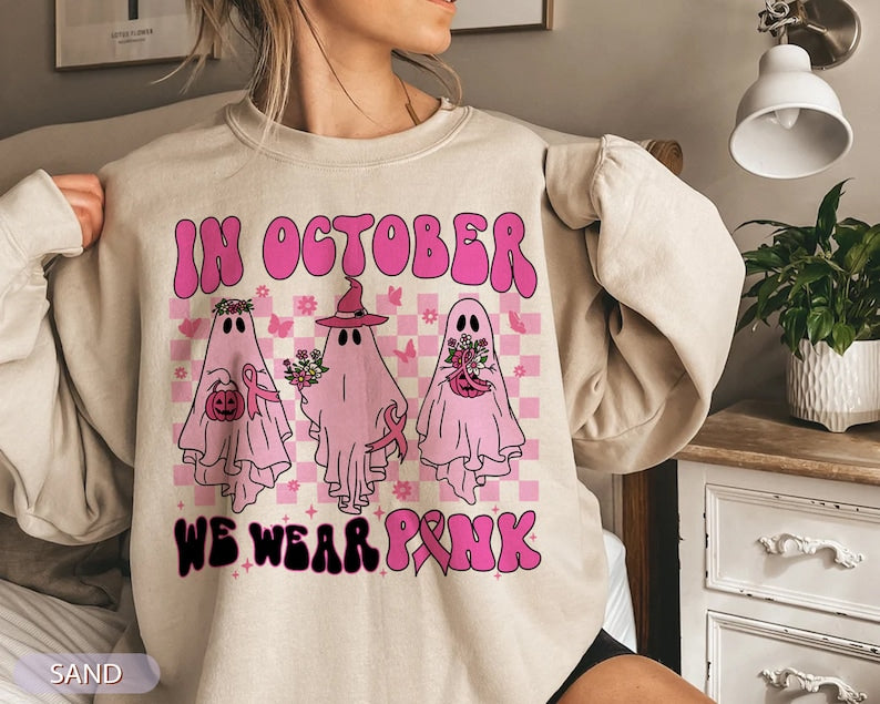 Breast Cancer Awareness Shirt, In October We Wear Pink Shirt, Halloween Breast Cancer Shirt, Halloween Pink Ghost Shirt, Breast Cancer Tee