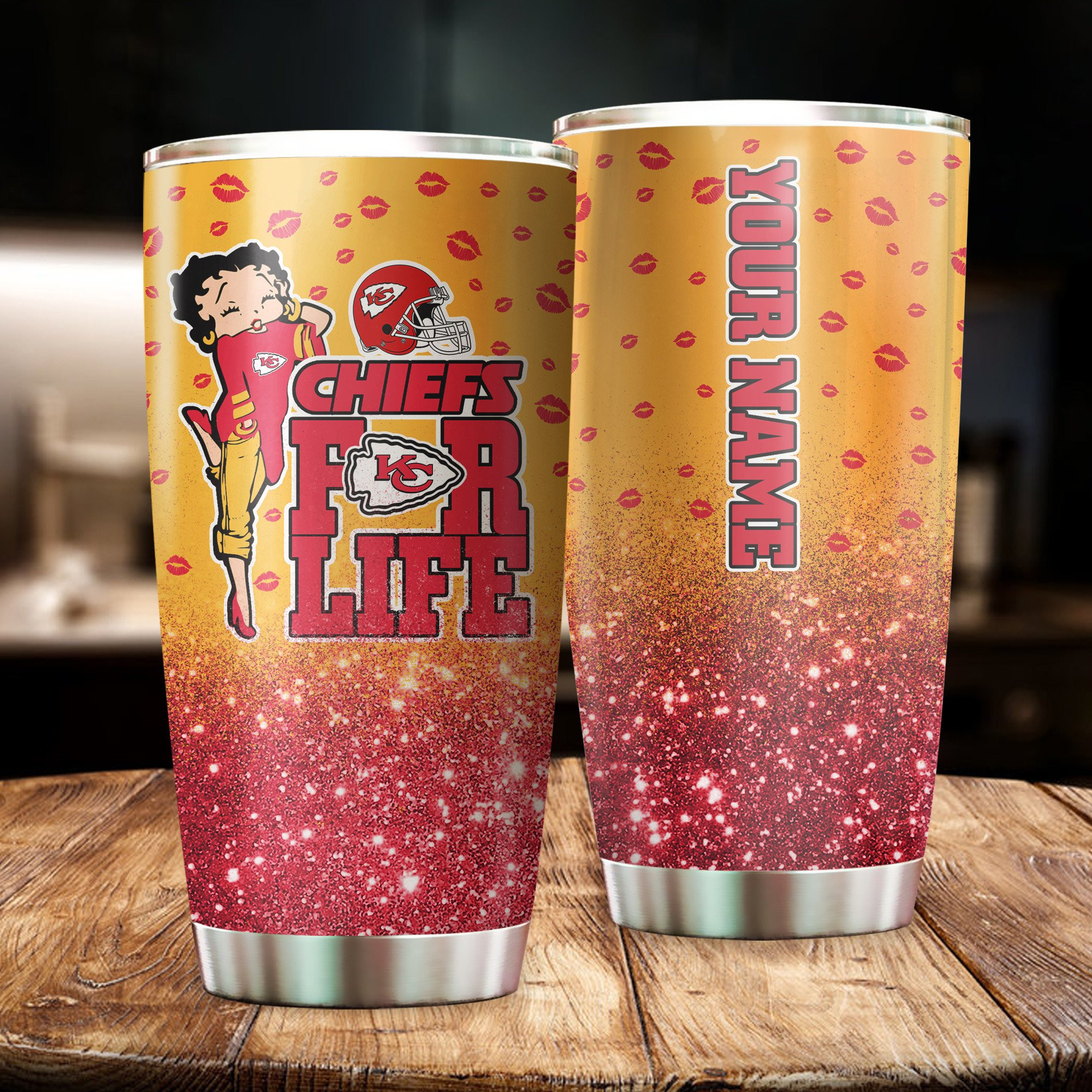 Betty Boop Kansas City Chiefs For Life Custom Name Glitter Stainless Steel Tumblers