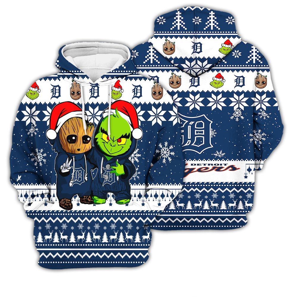 Detroit Tigers Baby Groot And Grinch Best Friends Football American Ugly Christmas Sweater New Trends For Fans Club Gifts Unisex 3D Hoodie