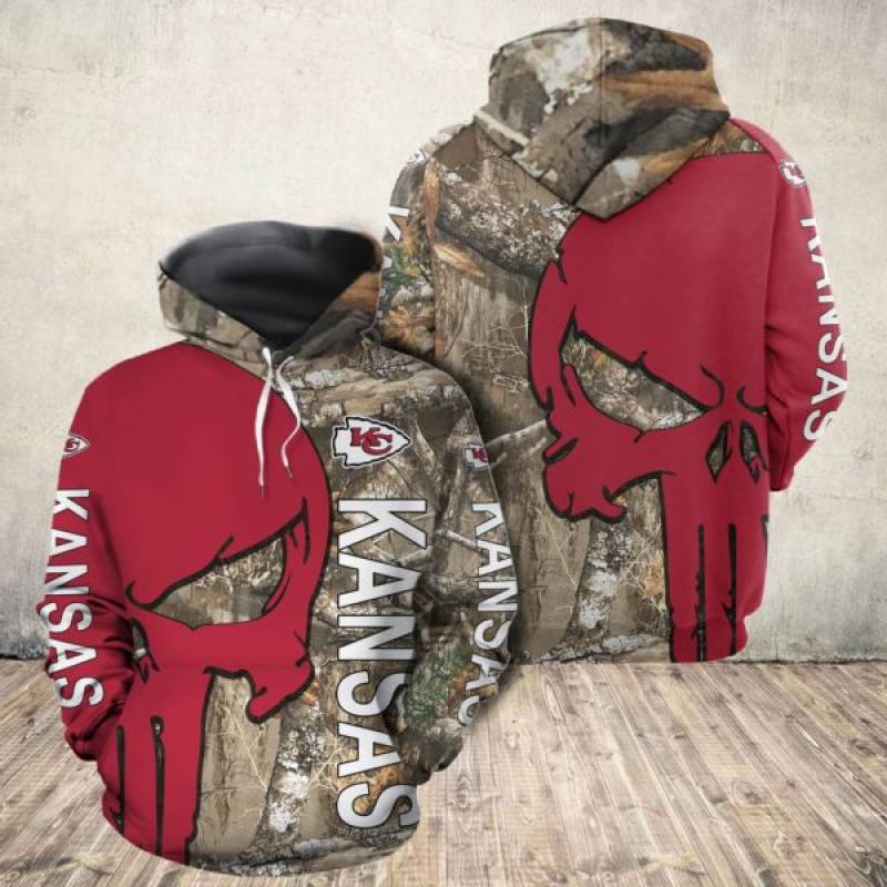 Kansas City Chiefs Punisher Skull Tree Camo 3D Hoodie and Zip Hoodie