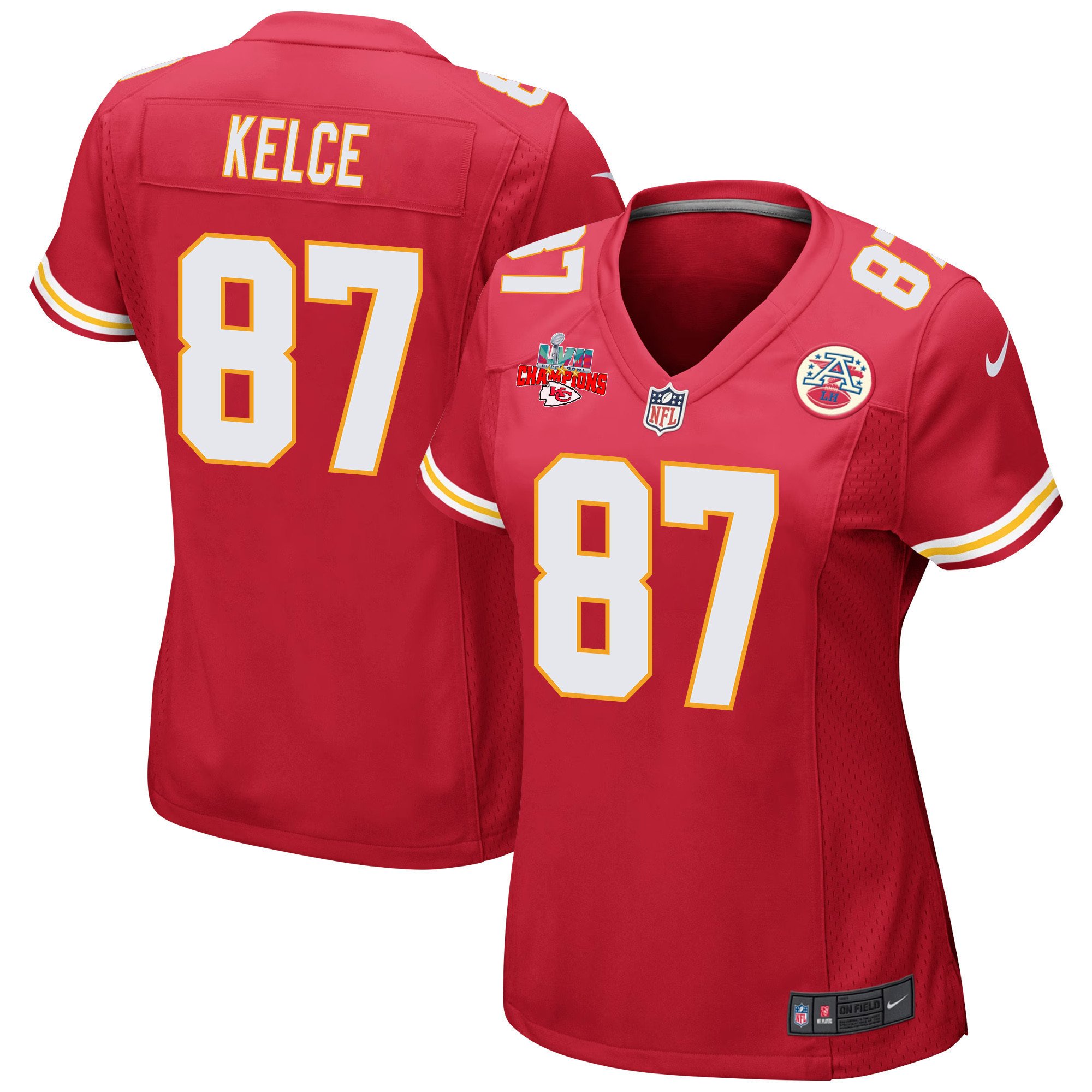 Travis Kelce 87 Kansas City Chiefs Super Bowl Lvii Champions 3 Stars Women Game Jersey – Red