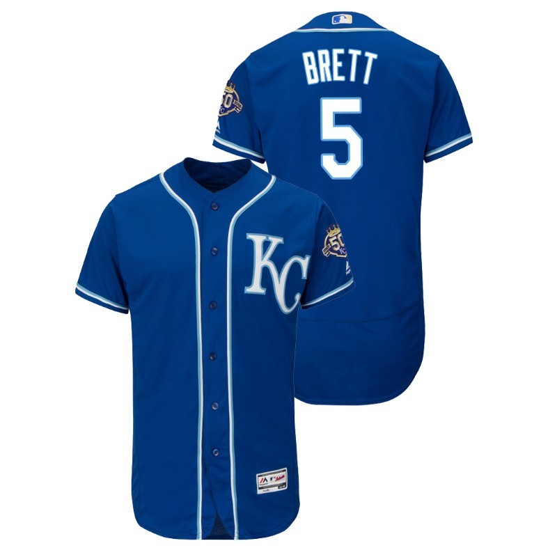 Men’S Kansas City Royals Blue Alternate Flex Base #5 George Brett 50Th Anniversary Jersey – All Stitched, Embroidery