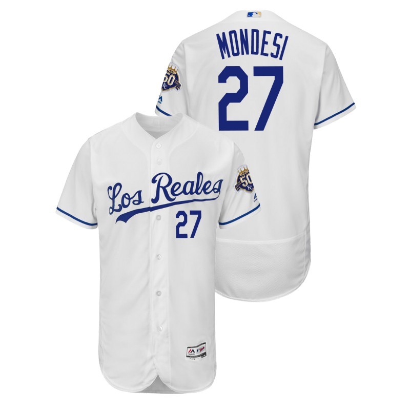 Men’S Kansas City Royals White Home Flex Base #27 Adalberto Mondesi 50Th Anniversary Jersey – All Stitched, Embroidery