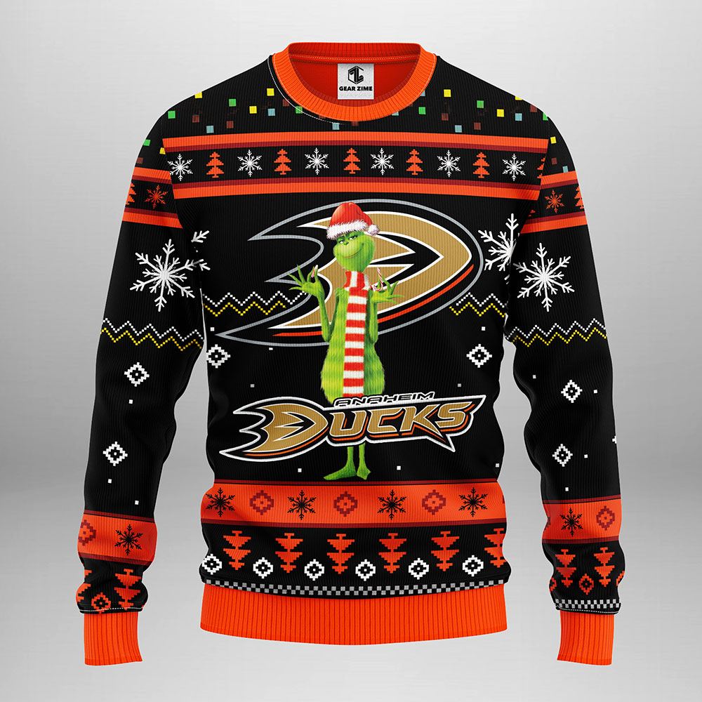 Anaheim Ducks Black Orange The Grinch Gift For Fan Ugly Wool Sweater Christmas