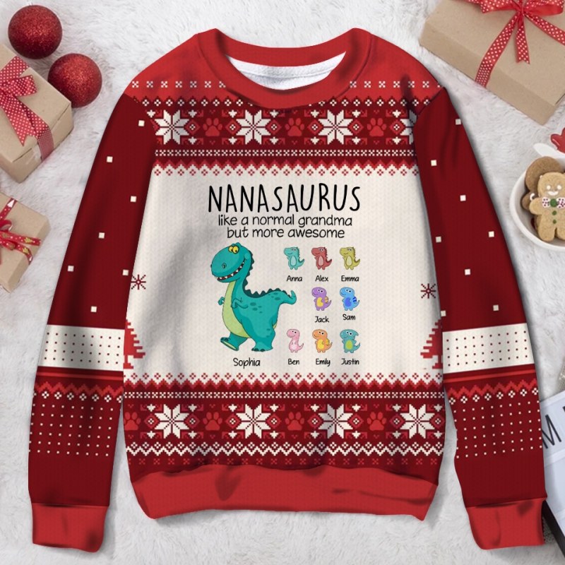 Nanasaurus Like A Normal Grandma But More Awesome, Personalized Custom Grandma Ugly Christmas Sweater, Custom Grandkids Names Shirt Gift For Grandma