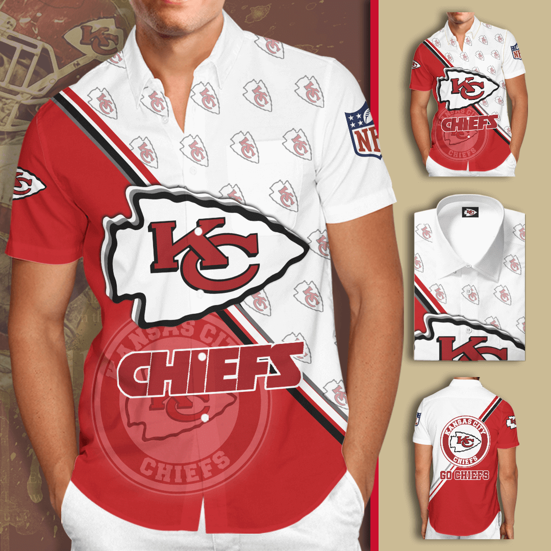 Kansas City Chiefs Logo All Over Print 3D Short Sleeve Dress Shirt Hawaiian Summer Aloha Beach Shirt – Red White