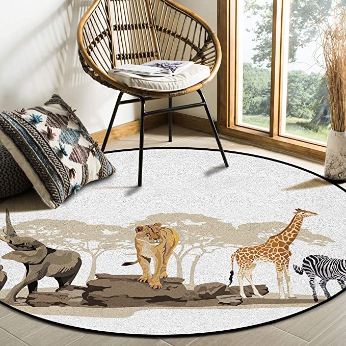 Round Area Rugs Children Crawling Mat Non-Slip Mat, Safari Residential Carpet For Living Room Rugs Decor, Illustration Of Wild Savannahs African Animals Giraffe Lion Elephant Zebra