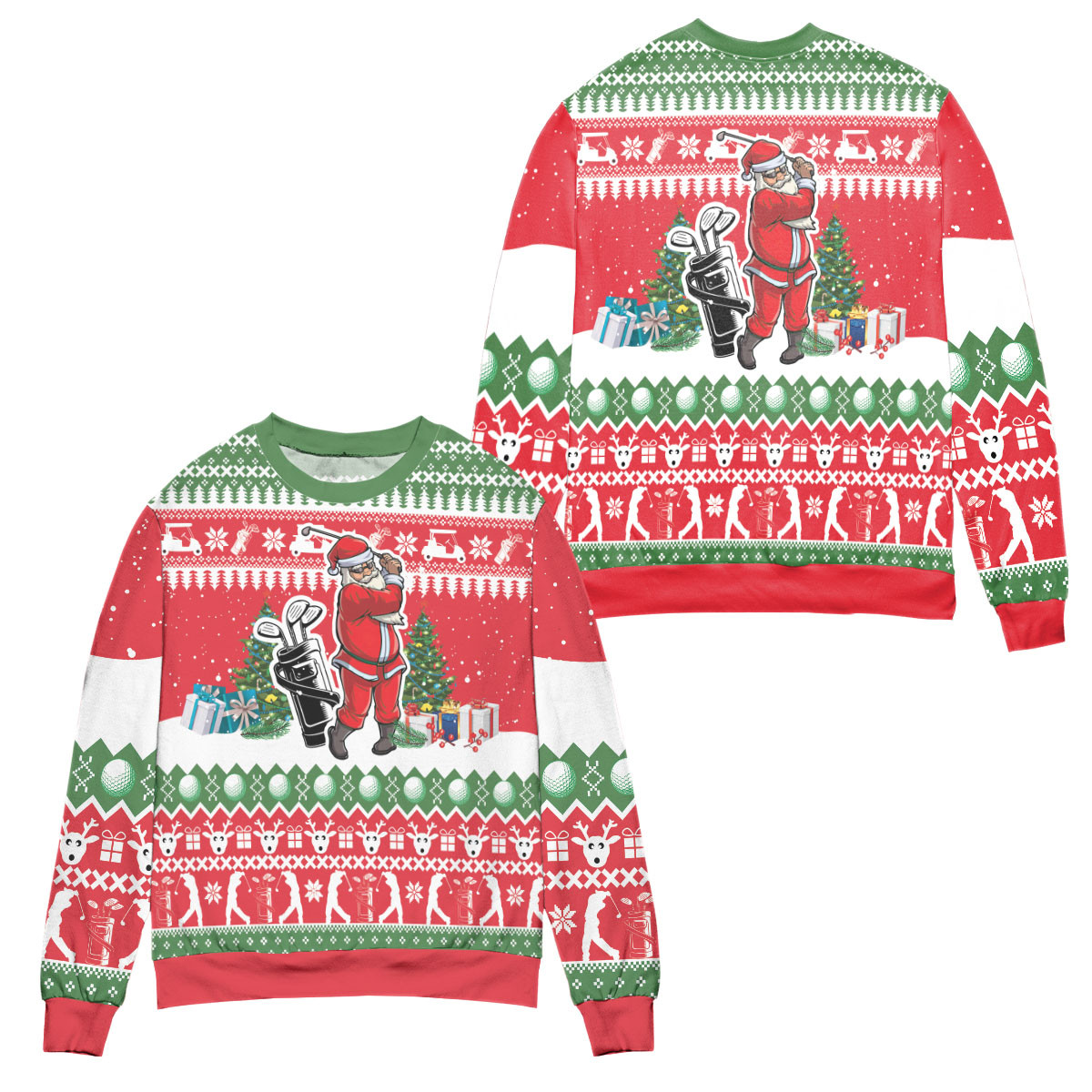 Santa Playing Golf Reindeer Pattern Ugly Christmas Sweater – All Over Print 3D Sweater – Red