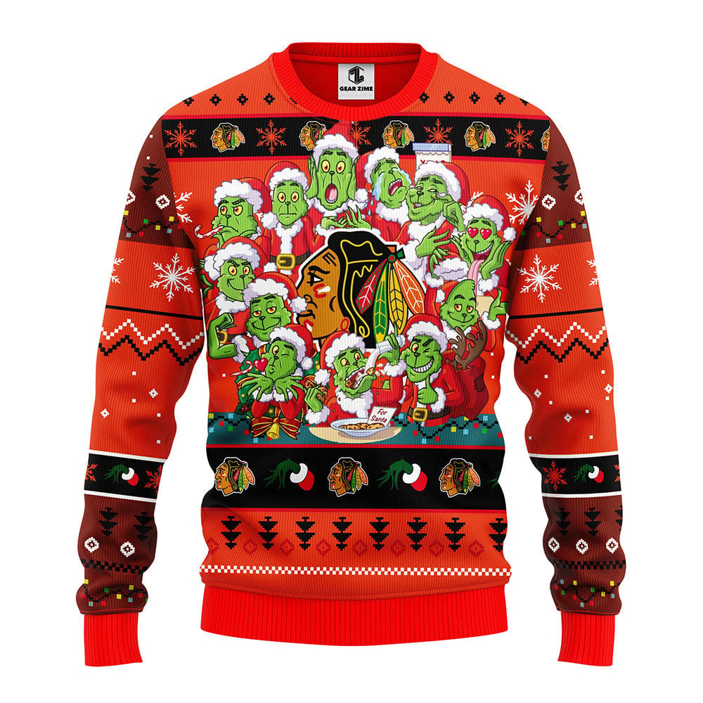 Chicago Blackhawks 12 Grinch Xmas Day Ugly Christmas Sweater