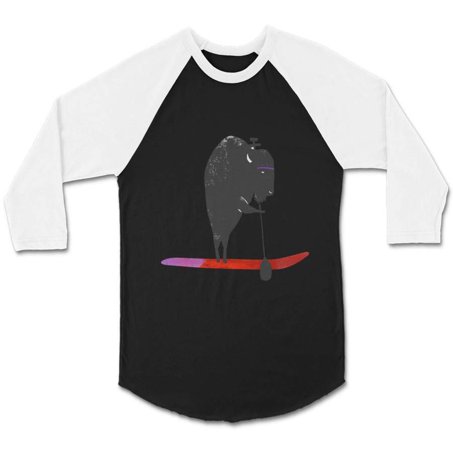 Buffalo Paddle Board Animal Beach West Coast Camping Graphic Surfer CPY Unisex 3/4 Sleeve Baseball Tee T-Shirt