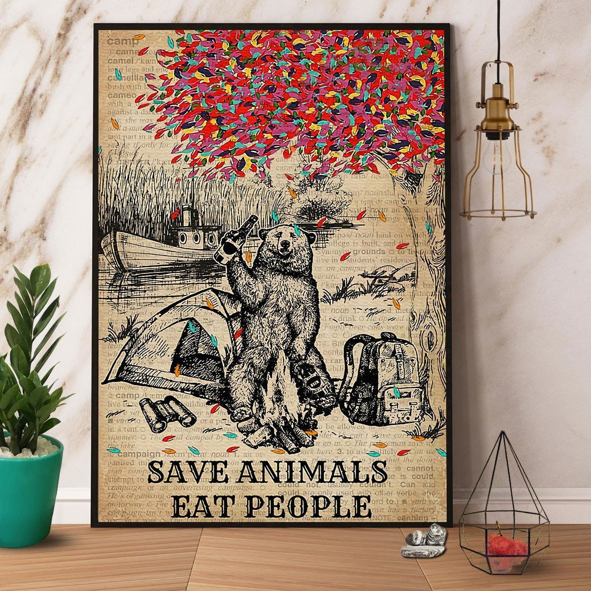 Bear Camping Save Animals Eat People Satin Portrait No Frame Canvas Poster Wall Art Decor