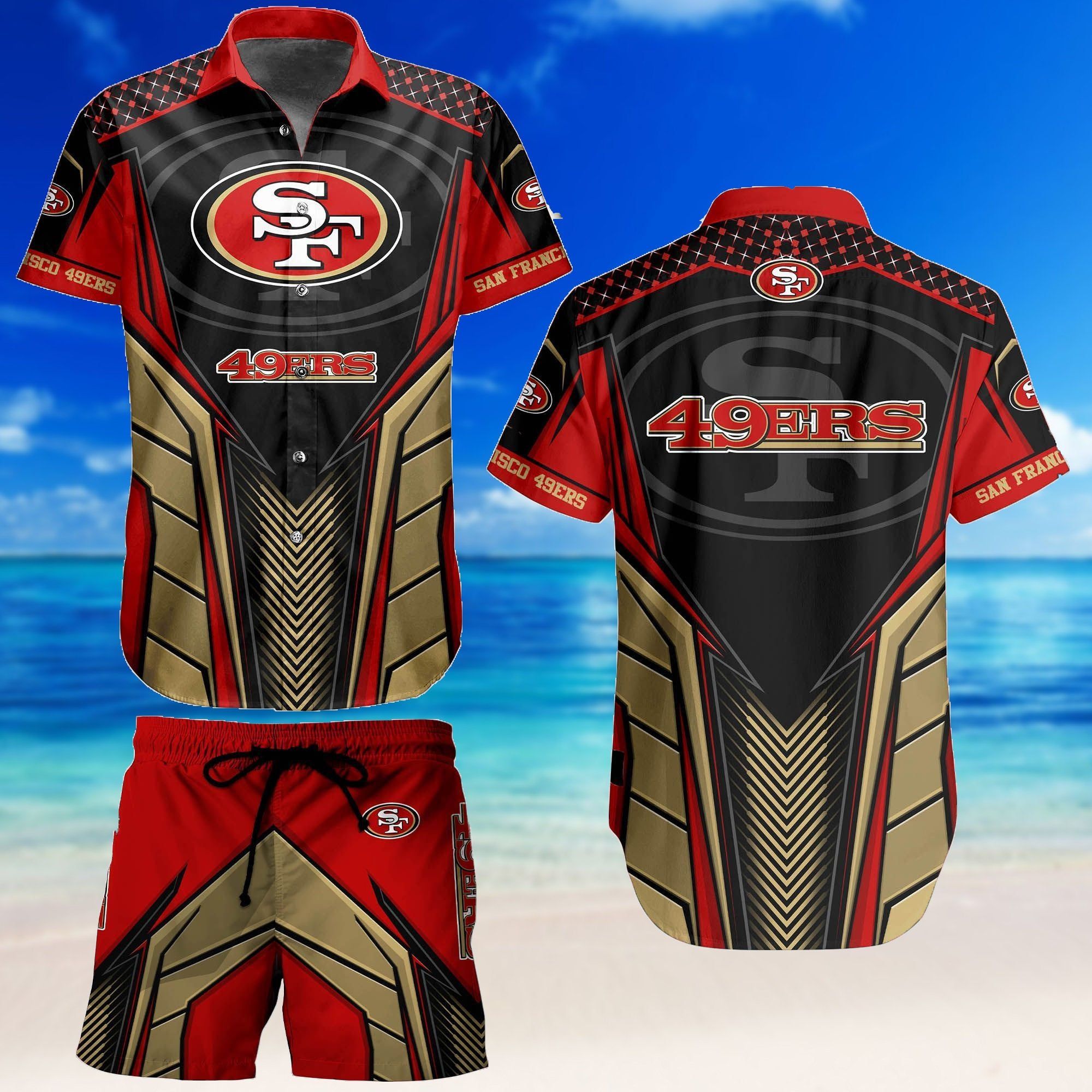 San Francisco 49Ers Nfl Hawaiian Suit, San Francisco 49Ers Hawaiian Suit, San Francisco 49Ers Summer Beach Set Nfl Fan Gift Thw25