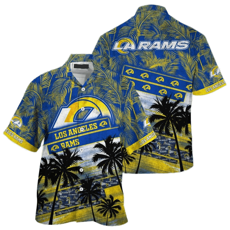 Los Angeles Rams Hawaiian Shirt Los Angeles Rams Symbol Palm Tree Leaves Yellow Blue Hawaii Shirt For Women Los Angeles Rams Aloha Shirt