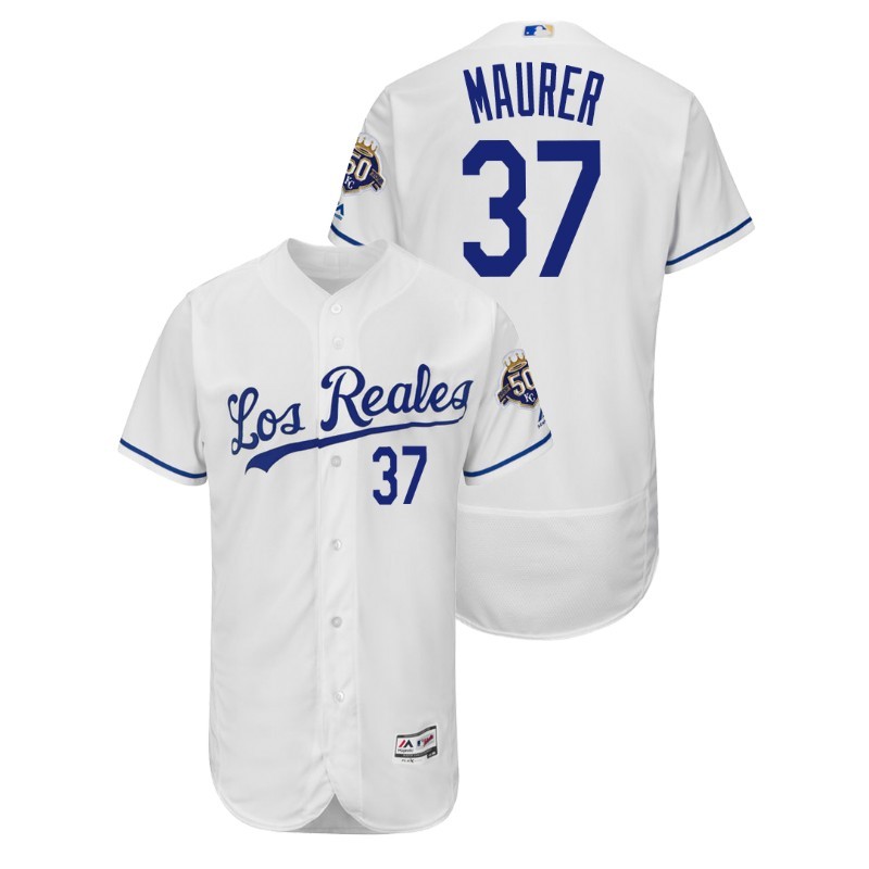 Men’S Kansas City Royals White Home Flex Base #37 Brandon Maurer 50Th Anniversary Jersey – All Stitched, Embroidery