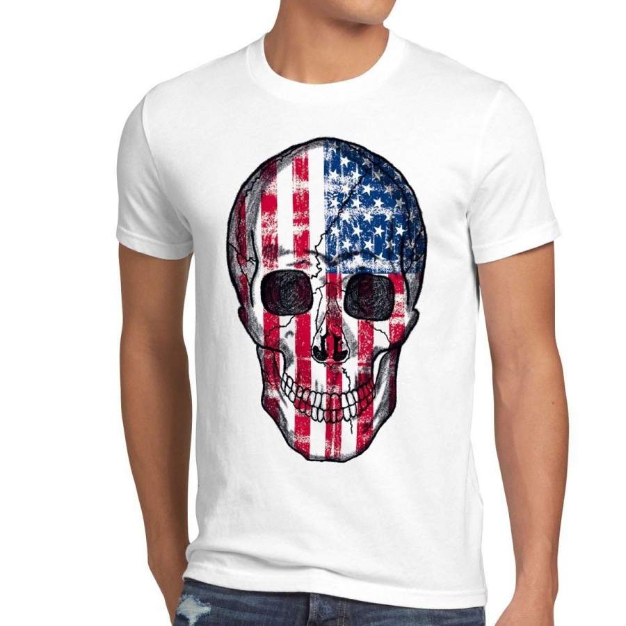 fashion men’s rock T-shirt USA Vintage Skull T-Shirt Men US banner flag bones