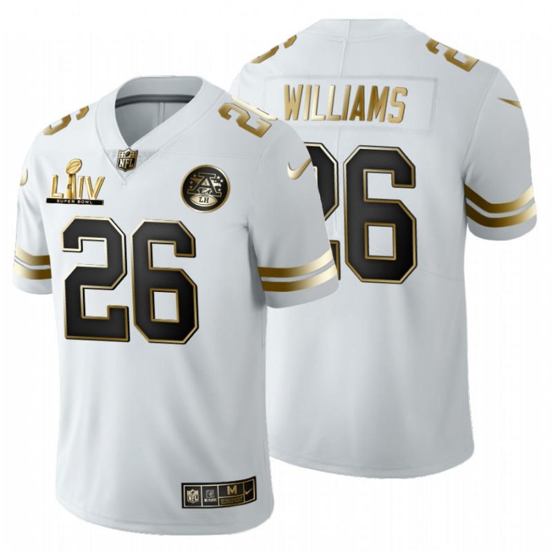 Men’S Kansas City Chiefs #26 Damien Williams White Super Bowl Liv Golden Edition Jersey – All Stitched, Embroidery