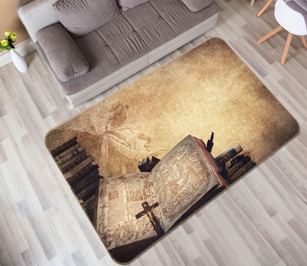 3D Book Cross Grunge Taupe Background Area Rug Home Decor