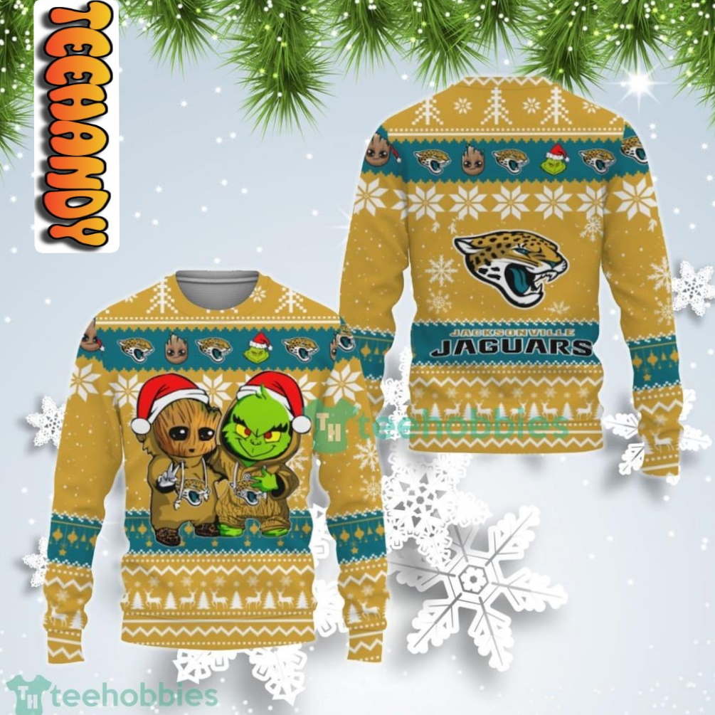 Jacksonville Jaguars Baby Groot And Grinch Best Friends Gift For Fan Ugly Wool Sweater Christmas