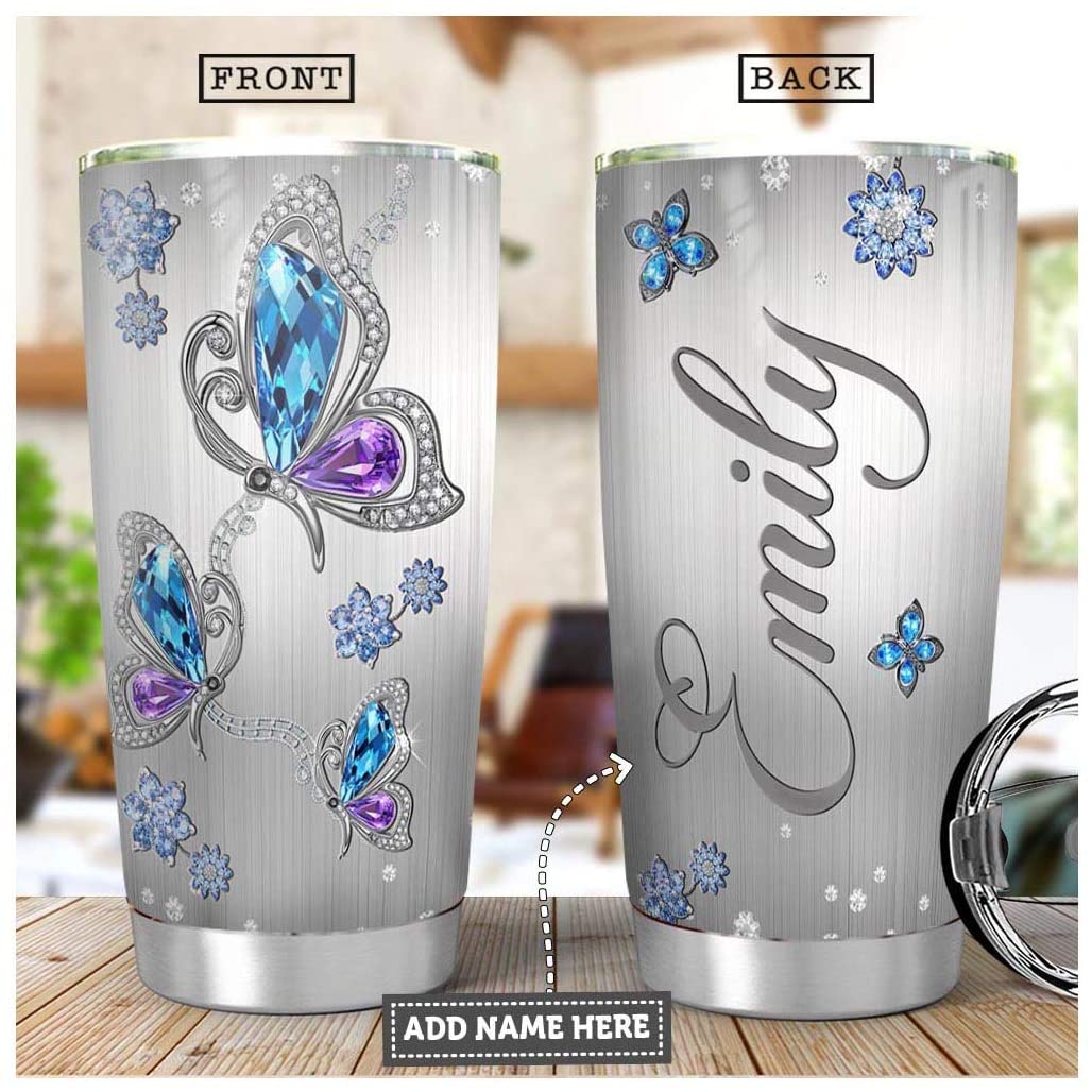 20Oz Butterfly Jewelry Style Personalized Stainless Steel Vacuum Insulated Tumbler, Customized Double Wall Travel Tumbler With Sliding Lid, Thermal Cup