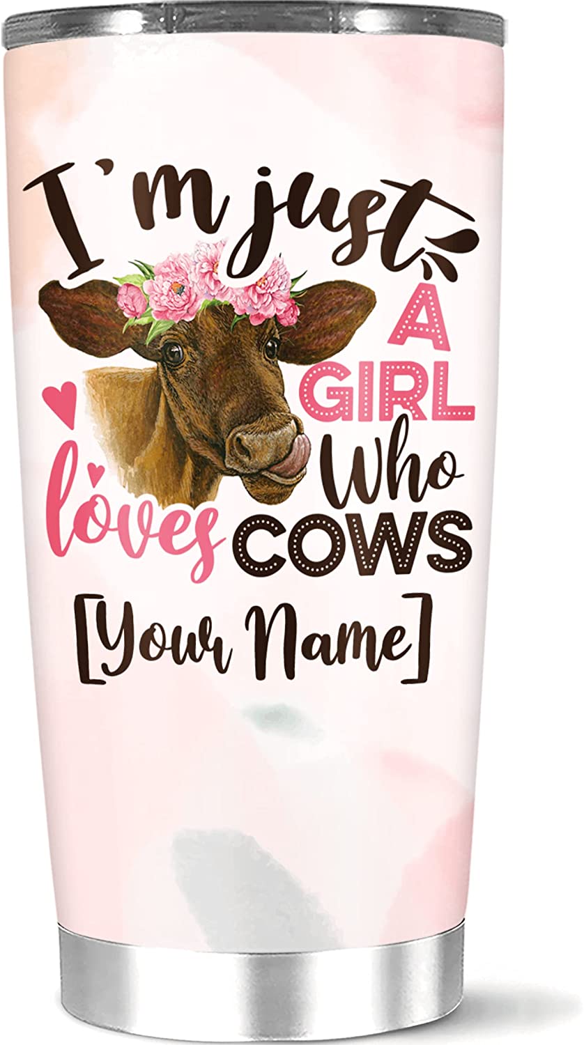 Personalized Coffee Tumbler Customized Name Girl Loves Cow Animal Gifts For Women Sister Teen On Birthday Holiday Cup Mug 20 30 Oz Stainless Steel Home Travel Office Use