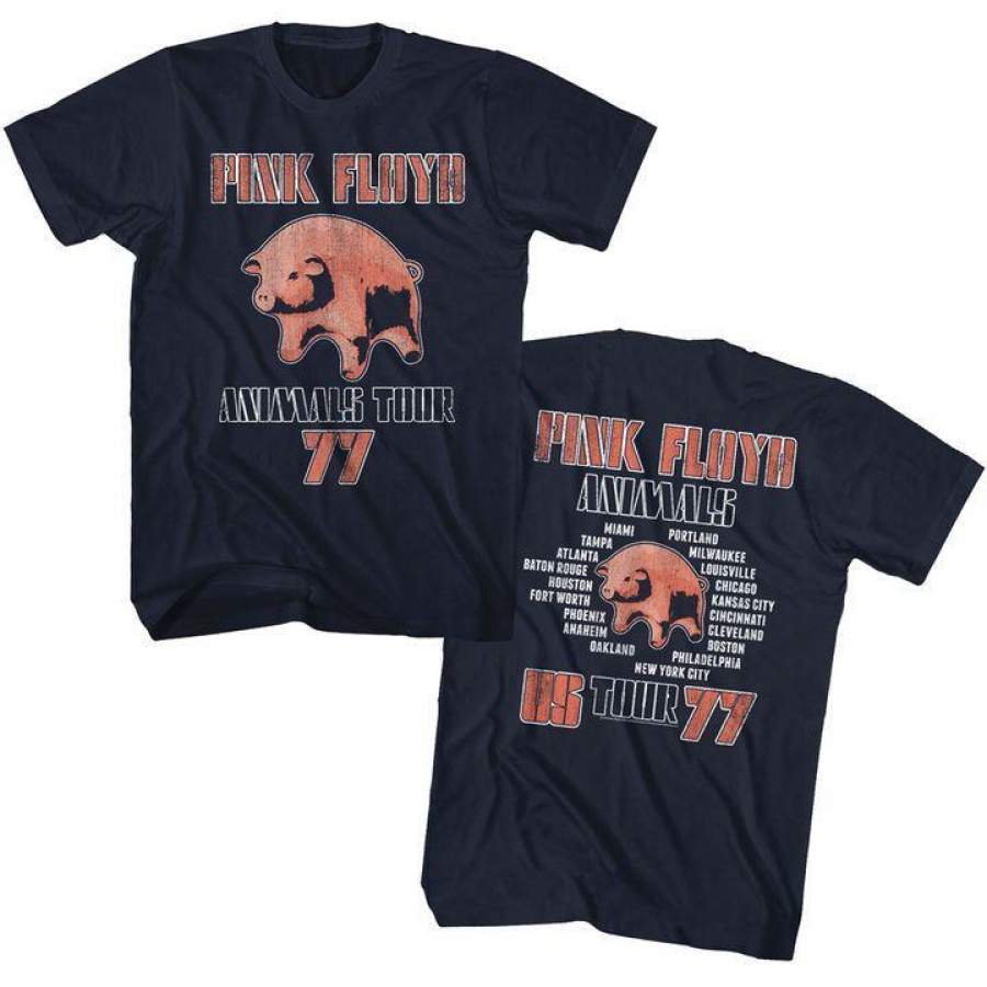 Pink Floyd Animals Tour ’77 Front & Back Print Mens Tall T Shirt Navy Blue