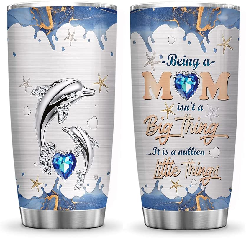 20Oz Printed Dolphin Mom Being A Mom Tumbler Cup With Lid, Double Wall Vacuum Thermos Insulated Travel Coffee Mug