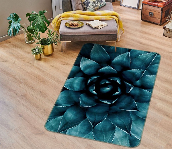 3D Blue Cactus Full Bloom Area Rug Home Decor