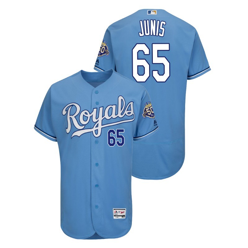 Men’S Kansas City Royals Gray Road Flex Base #65 Jakob Junis 50Th Anniversary Jersey – All Stitched, Embroidery