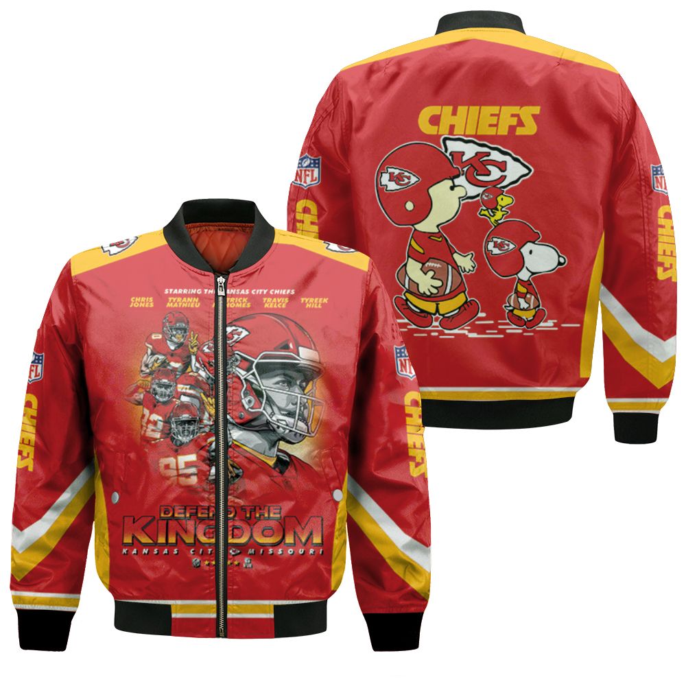 Kansas City Chiefs Defend The Kingdom Patrick Mahomes Tyrann Mathieu Chris Jones Travis Kelce Tyreek Hill Peanuts Snoopy Charlie Tshirt Hoodie Sweater Bomber Jacket