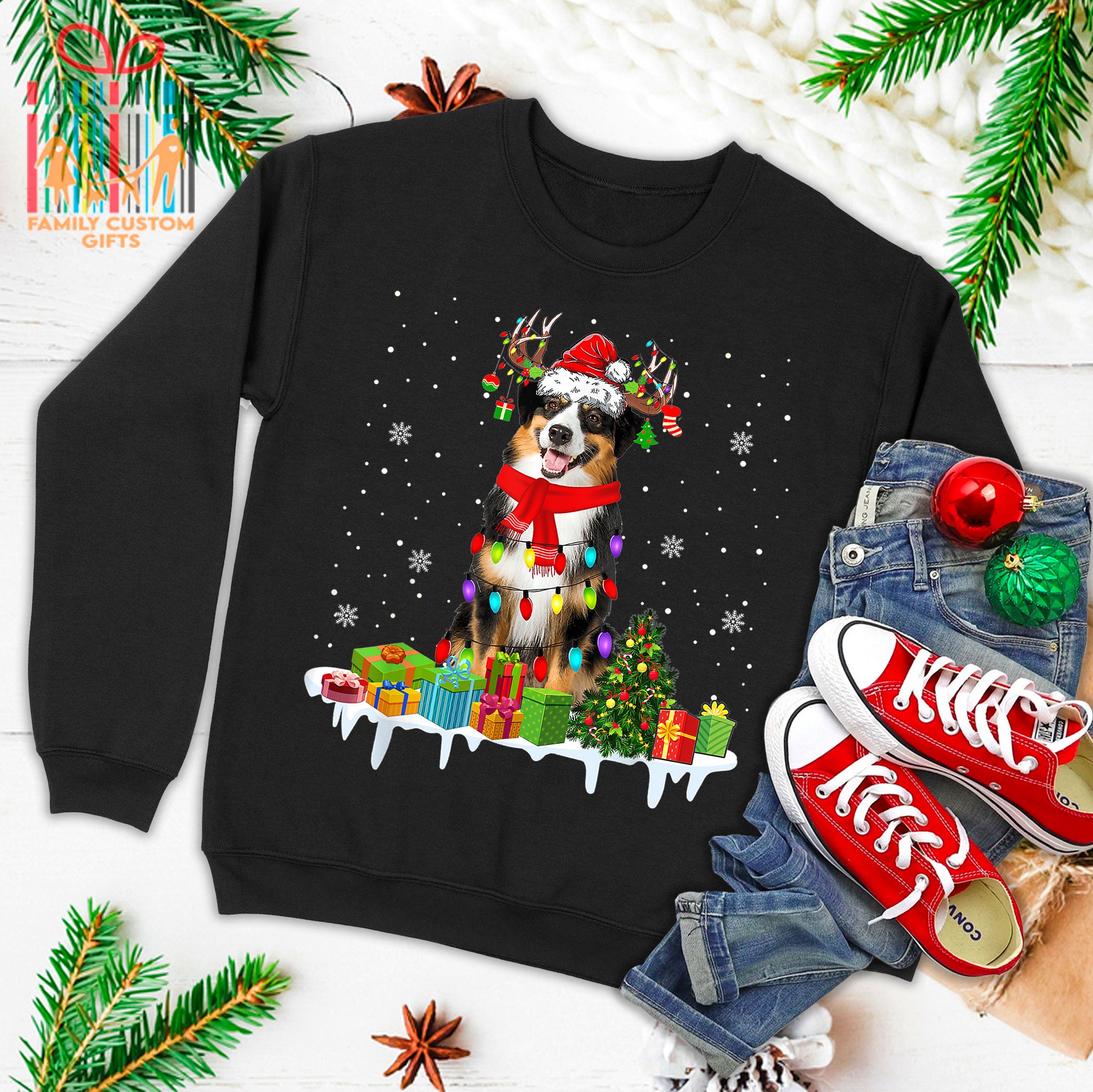 Xmas Australian Shepherd Christmas Lights Santa Reindeer Dog Ugly Christmas Sweater 2023 T-Shirt
