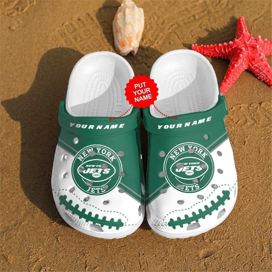 New York Jets Custom Name Pattern Crocs Classic Clogs Shoes In Dark Green