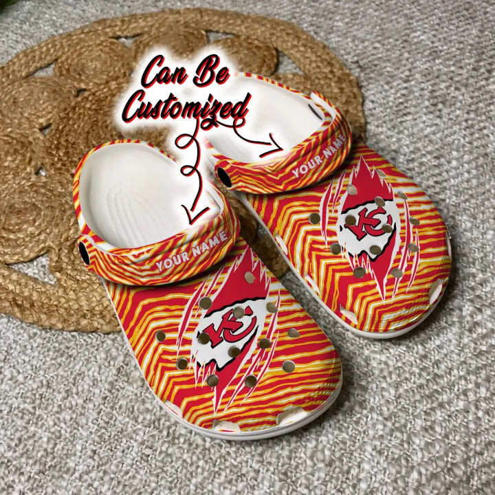 Football Crocs – Personalized Kansas City Chiefs Ripped Zebra Print Paint Clog Shoes