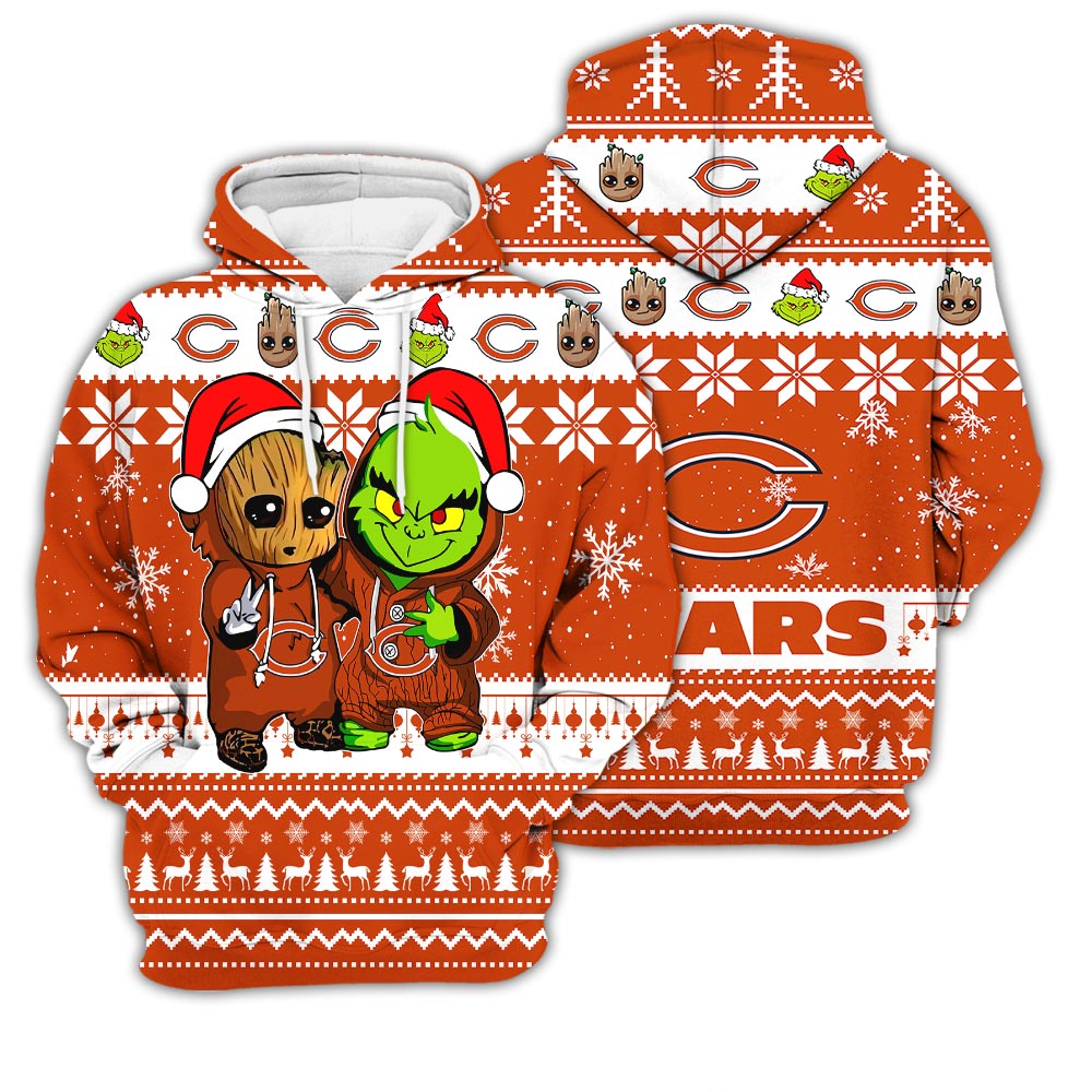 Chicago Bears Baby Groot And Grinch Best Friends Football American Ugly Christmas Sweater New Trends For Fans Club Gifts Unisex 3D Hoodie