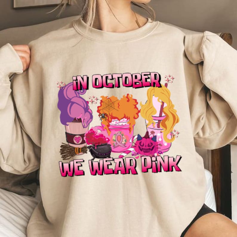 In October We Wear Pink Halloween Shirt, Breast Cancer Awareness Shirt,Witch Sisters Breast Cancer Survivor Shirt,Women Cancer Warrior Shirt