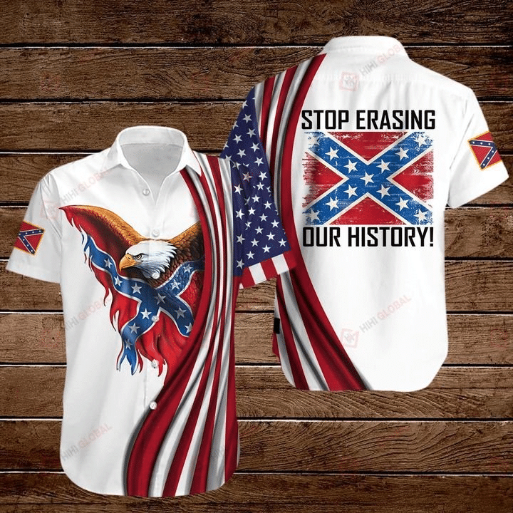 Eagle American Flag Stop Erasing Our History Graphic Print Short Sleeve Hawaiian Casual Shirt