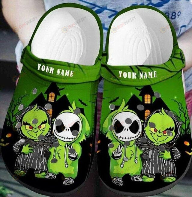 Baby Grinch And Jack Skellington Green Custom Name Crocss Crocband Clog Comfortable Water Shoes – Aop Clog