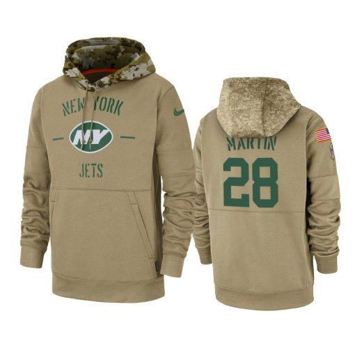 New York Jets Curtis Martin Tan 2019 Salute To Service Sideline Therma Pullover Hoodie