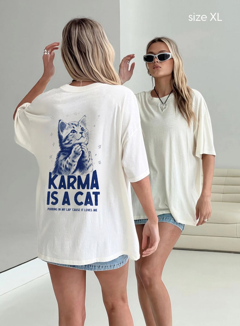 Taylor Swift ‘Karma Is A Cat’ Graphic Tee, Vintage Style T-Shirt , Cat Illustration On Back, Swiftie Merch