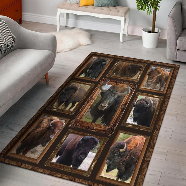 Bison Buffaloes Native American Animal In Frame Design Area Rug Home Decor
