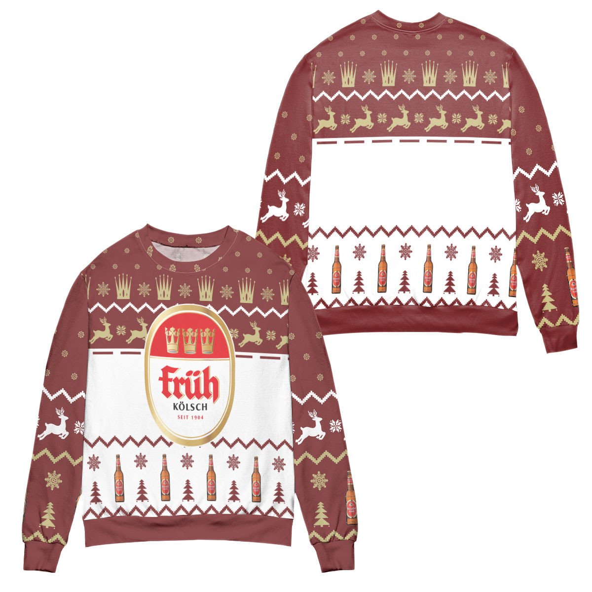 Fruh Kolsch Seit 1904 Reindeer & Pine Tree Ugly Christmas Sweater – All Over Print 3D Sweater