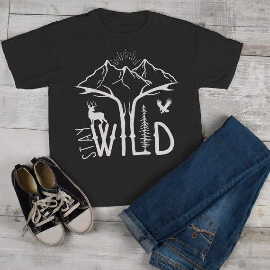 Kids Hipster Stay Wild Shirt Mountains T-Shirt Explore Antlers Graphic Tee Camping Vintage Toddler