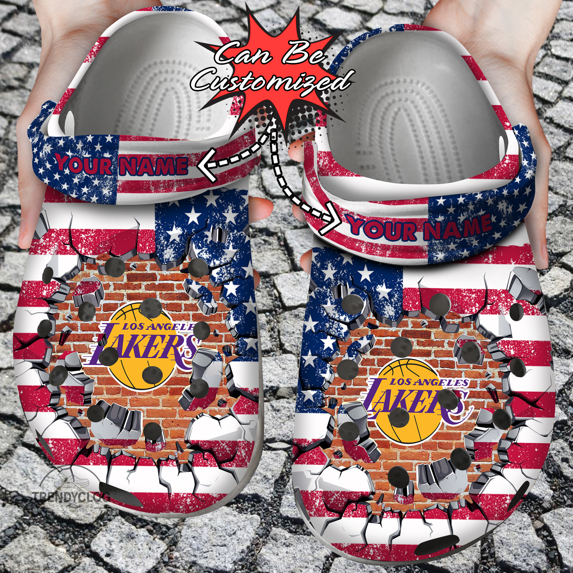 Basketball Crocs – Personalized La Lakers American Flag Breaking Wall Clog Shoes