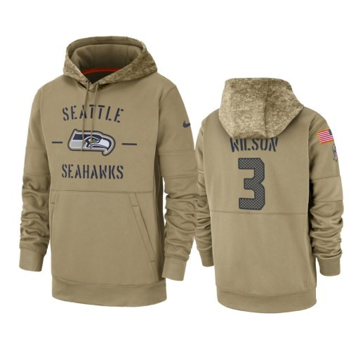 Seattle Seahawks Russell Wilson Tan 2019 Salute To Service Sideline Therma Pullover Hoodie